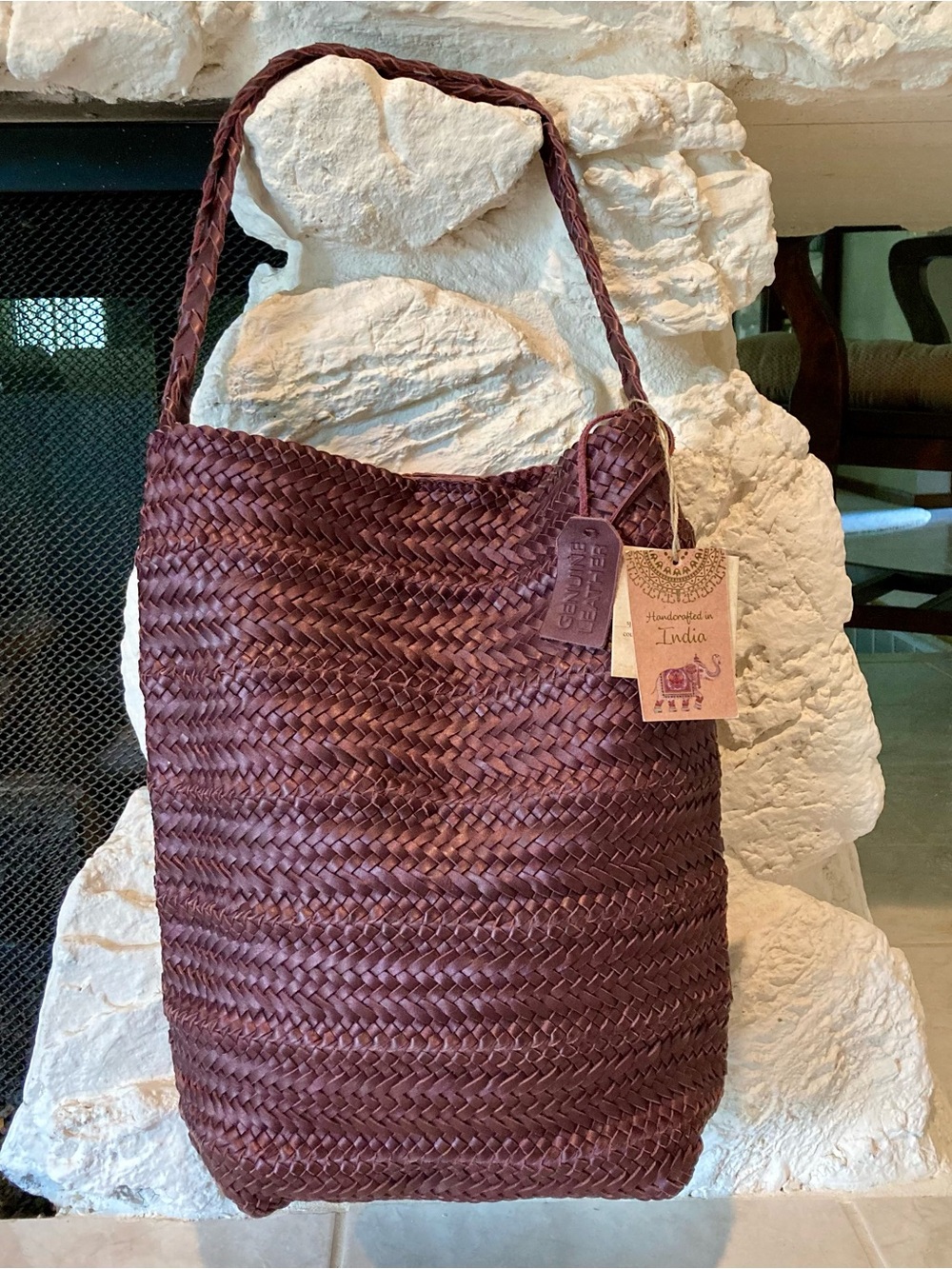 NWT “Made in India” brand artisanal woven and braided genuine dark purple tote